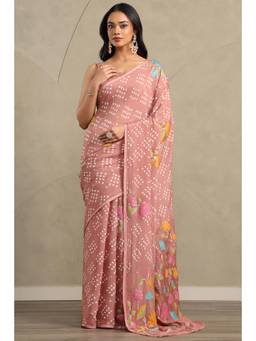 Soch - Women Pink Printed Chinon Saree with Unstitched Blouse