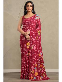 Soch - Women Wine Printed Chinon Saree with Unstitched Blouse