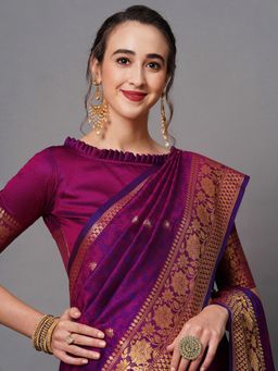 Sareemall - Wine Festive Silk Blend Woven Design Saree with Unstitched