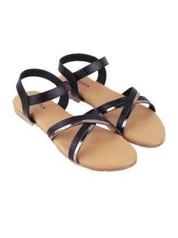 LAZERA SHOES - Black Luxe weave Cross Strap Wedges Round Toe Flats