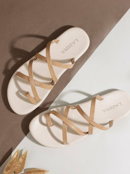 LAZERA SHOES - Beige Glossy Strap Sliders One Toe Flats