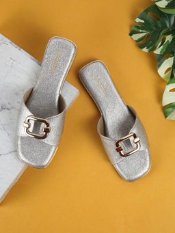 LAZERA SHOES - Silver Luxe Buckle Slides Square Toe Flats