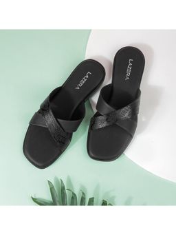 LAZERA SHOES - Black Cross-Strap Slip-Ons Square Toe Flats