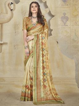 Akhilam - Women Soft Silk Beige Printed Celebrity Saree with Unstitched Blouse