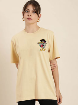 JUNEBERRY - Beige Oversized Women Printed T-Shirt