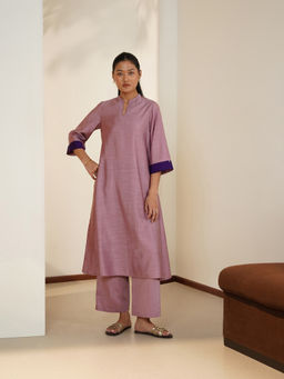Pink Fort - Viscose Silk Solid A-Line Kurta with Pant - Lavender