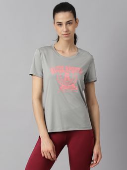 Alcis - Women Printed Steel Grey Anti Static Slim Fit Round Neck Training T-Shirt