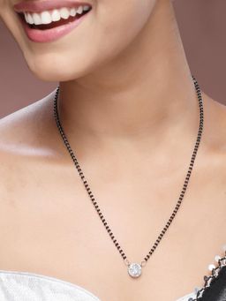 ADIVA - Silver-Plated Elegant Circular Shaped CZ Stone Studded & Beaded Mangalsutra For Women