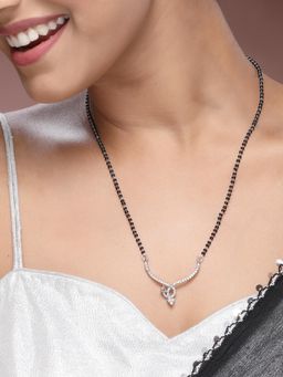 ADIVA - Silver-Plated Traditional CZ Stone Studded & Black Beaded Mangalsutra for Women