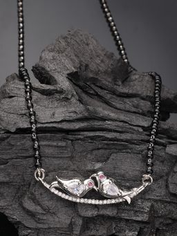 ADIVA - Silver-Plated Trendy Bird Shaped CZ Stone Studded & Beaded Mangalsutra For Women