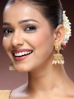 ADIVA - 18K Gold-Plated Peacock Shaped CZ Stone & Glossy Light Peach Pearl Beaded Jhumka Earrings