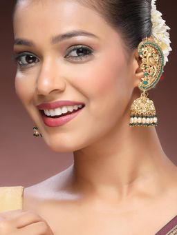 ADIVA - 22K Gold-Plated Glossy Pearl & Green Stone-Studded & Beads Peacock Shaped Ear Cuff Earrings