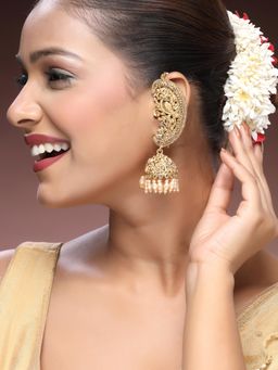 ADIVA - 22K Gold-Plated Glossy Pearl & CZ Stone-Studded & Beads Peacock Shaped Ear Cuff Earrings