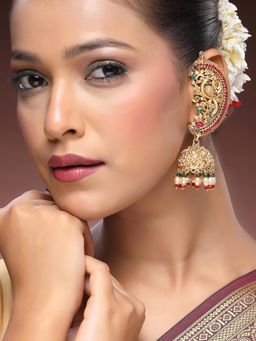 ADIVA - 22K Gold-Plated Glossy Pearl & Multi Stone-Studded & Beads Peacock Shaped Ear Cuff Earrings