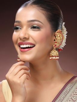 ADIVA - 22K Gold-Plated Glossy Pearl & Ruby Stone-Studded & Beads Peacock Shaped Ear Cuff Earrings