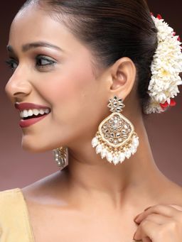 ADIVA - 22K Gold-Plated Kundan & Glossy White Pearl Beaded Classic Big Chandelier Earrings