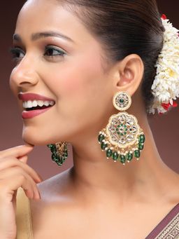 ADIVA - 22K Gold-Plated Kundan & Glossy Green Pearl Beaded Classic Big Chandbali Earrings
