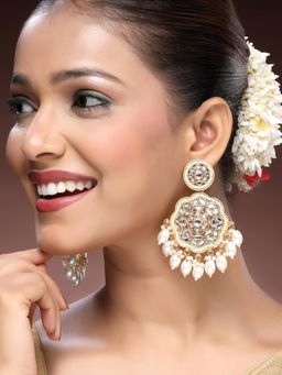 ADIVA - 22K Gold-Plated Kundan & Glossy White Pearl Beaded Classic Big Chandbali Earrings