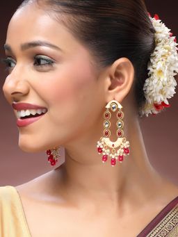 ADIVA - 22K Gold-Plated Kundan & Glossy Ruby Pearls and Stone Meenakari Classic Drop Earrings