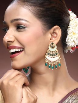 ADIVA - 22K Gold-Plated Kundan & Glossy Green Pearls & Stone Meenakari Chandbali Earrings