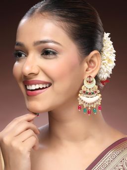 ADIVA - 22K Gold-Plated Kundan & Glossy Multi Pearls & Stone Meenakari Chandbali Earrings