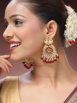 ADIVA - 22K Gold-Plated Kundan & Glossy Ruby Pearl & Stone Peacock Meenakari Chandbali Earrings