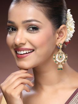 ADIVA - 22K Gold-plated Kundan & CZ Stones & Beaded Meenakari Peacock Shaped Drop Earrings