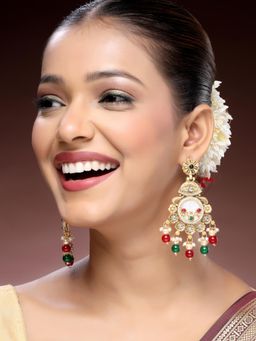 ADIVA - 22K Gold-Plated Glossy Multi-coloured Pearls & Kundan Stone Big Drop Earrings