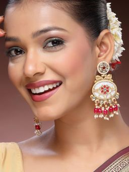 ADIVA - 22K Gold-plated Kundan With Glossy Ruby Pearl Handcrafted Drop Earrings Earrings