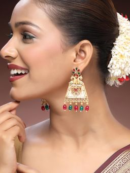ADIVA - 22K Gold-Plated Kundan & Glossy Multi-coloured Pearl Meenakari Peacock Shaped Earrings