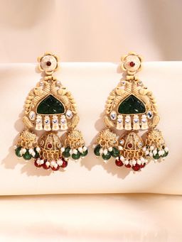 ADIVA - 22K Gold-Plated Green Onyx & Kundan Studded with Pearl Beads Peacock Jhumka Earrings