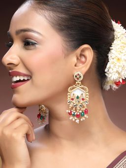 ADIVA - 22K Gold-Plated Glossy Multi-coloured Pearls & Kundan Stone Drop Earrings