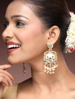 ADIVA - 22K Gold-Plated Glossy Light Peach Pearls & Kundan Stone Drop Earrings