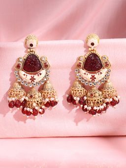 ADIVA - 22K Gold-Plated Maroon Onyx & Kundan with Pearl Beads Meenakari Jhumka Earrings