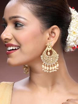 ADIVA - 22K Gold-Plated Load Krishna Kundan & Glossy Light Peach Pearls Chandbali Earrings
