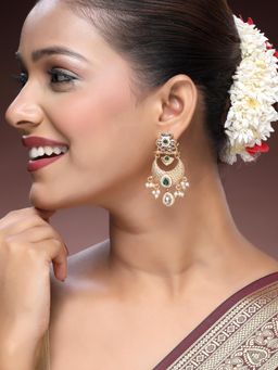 ADIVA - 22K Gold-Plated Kunda Stone Studded and Beads Handcrafted Chandbali Earrings