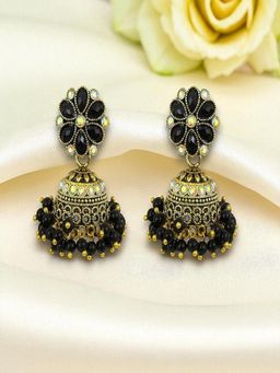 Accessher - Antique Gold-Tone Black Beaded Floral Jhumka Earrings