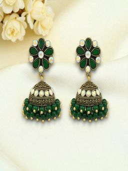 Accessher - Antique Gold-Tone Green Beaded Floral Jhumka Earrings