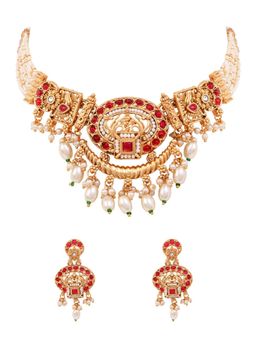I Jewels - Pink Gold-Plated Kundan-Studded and Pearl Beaded Jewellery Set for women