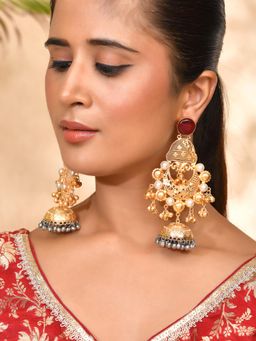 Silvermerc Designs - Gold-Plated Pearl-Studded Oversized Classic Jhumkas Earrings