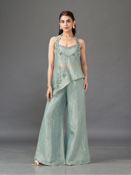 Qunic - Green Frosted Beam Top and Palazzo