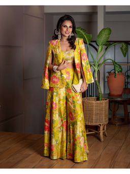 Gopi Vaid - Mahek Yellow Blazer with Crop Top and Palazzo