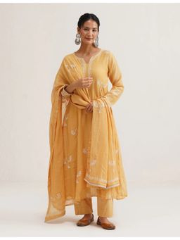 SAAYA THE LABEL - Afreen Chikankari A-Line Yellow Kurta with Pant and Dupatta
