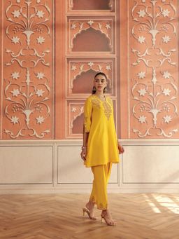 DOHR INDIA - Zora Yellow Mirror Work Handcrafted A-Line Kurta and Pant