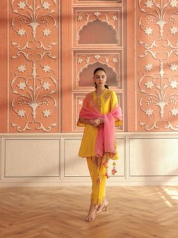 DOHR INDIA - Zora Yellow Mirror Work Handcrafted A-Line Kurta with Pant and Dupatta