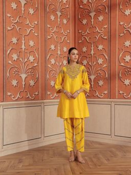 DOHR INDIA - Mirae Yellow Mirror Work Handcrafted Choga and Pant