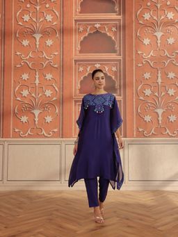 DOHR INDIA - Maheen Purple Mirror Work Mul Chanderi Handcrafted Kaftan and Pant