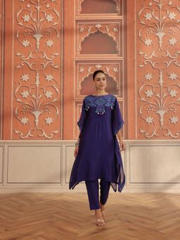 DOHR INDIA - Ruvina Purple Mirror Work Mul Chanderi Handcrafted Kaftan and Pant