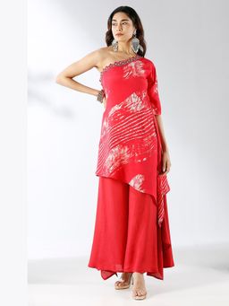 Ishnya - Red One Shoulder Two Piece Kurta with Palazzo