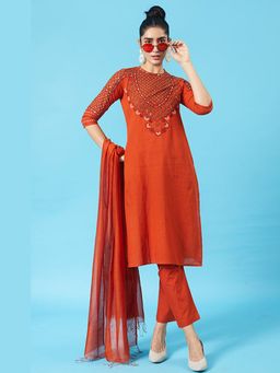 Okhai - Rust Duchess Kutch Embroidered Kurta with Pant and Dupatta Set